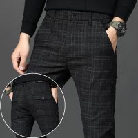 CODai424839 【Ready stock】Size29-38 Plaid brushed pants mens Korean version of the trend wild plus velvet thickened business casual trousers mens straight pants casual men clothing