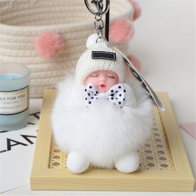 【YF】✉¤  Sleeping Baby Pompom Keychain Real Fur Pendant Car Chain