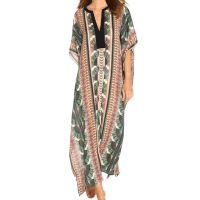 Beach Boho พิมพ์บิกินี่ยาว Cover Up Batwing แขนชุด Coverup V คอสำหรับผู้หญิง Kaftan ขนาดใหญ่ Maxi Dress