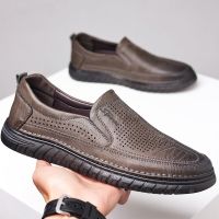 Mens Summer Casual Leather Shoes New Hollow Breathable Loafers for Men Driving Flat Comfort Business Oxford Shoes Moccasin Male