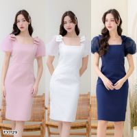 (S-2XL) เดรสออกงานคอเหลี่ยมกว้าง แขนตุ๊กตาแต่งโบว์ไหล่ FY1129 - ICANDIDSHOP