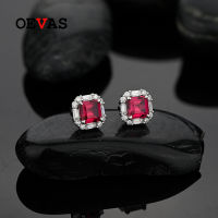 OEVAS 100 925 Sterling Silver 6*6mm Ruby High Carbon Diamond 18K Gold Plated Stud Earrings For Women Sparkling Fine Jewelry