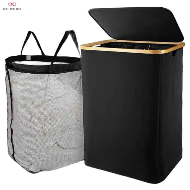 INFINIXO Laundry Basket with Lid, Black Laundry Basket with Removable Laundry Bag Laundry