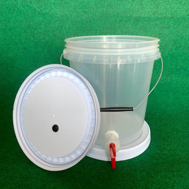 bucket-10-l-food-grade-with-faucet-ถังหมักสีใสติดก๊อก-10ลิตร-สีใส-พร้อมเจาะรูยางใส่-airlock-ฝาล็อค2ชั้นพร้อมก๊อกอากาศไม่เข้าน้ำไม่หก100-กว้างยาว22-5สูง-29-8cm