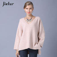 Jielur ยุโรปสีทึบของผู้หญิงเสื้อกันหนาวหลวมแยกถัก P ullovers Batwing แขนคอวีที่เรียบง่ายของผู้หญิงฤดูหนาวย์ท็อปส์