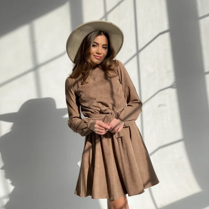 women-vintage-sashes-corduroy-a-line-mini-dress-long-sleeve-o-neck-khaki-color-elegant-casual-party-dress-winter-new-dress