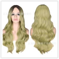 [COD] and wig womens medium long curly hair slightly black gradient green wigs chemical fiber set dyed generation