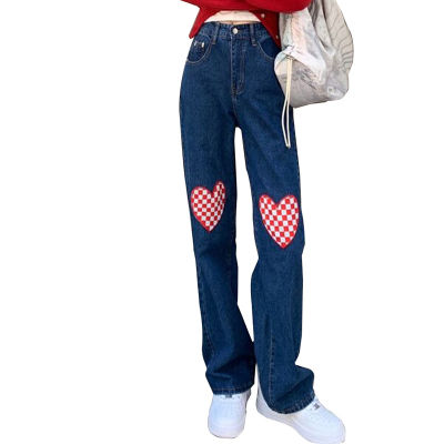 กางเกงยีนส์ปักลายน่ารัก2023ผู้หญิงขากว้าง,กางเกงขากว้างบางเอวสูงลายตารางหมากรุกแบบหลวม