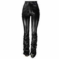 Women PU Leather Pants Pleated Stacked Reflective Fabric Streetwear Fashion Metal Texture Fabric Black High Waist Tight Trousers