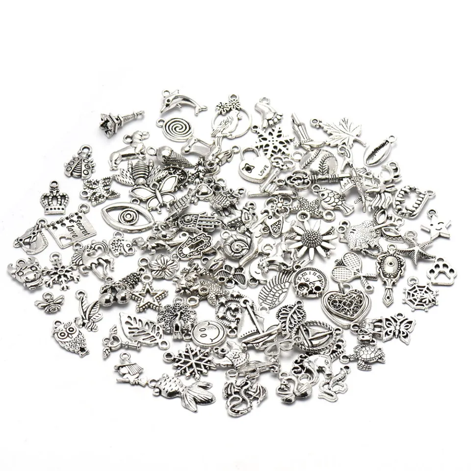 PrettySet】30pcs Jewelry Making Silver Charms 100Pcs Mixed Smooth Tibetan  Silver Metal Charms Pendants DIY For