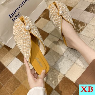 ₪✌☍ Fish Mouth Sandals Womens Summer Fashion Outer Wear Flat Pearl Toe Cap Half Slippers Lazy Muller Shoes Influencer