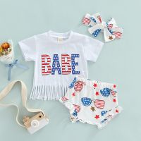 FOCUSNORM Independence Days 3pcs Cute Baby Girls Clothes Sets Letter Short Sleeve Tassel Hem T-Shirt + Elastic Ruffles Shorts  by Hs2023