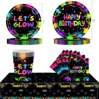 【JIU YU】❦  Brilhante Neon Theme Party Banner e Tablecloth Set para crianças Talheres descartáveis Happy Birthday Supplies Placas de papel