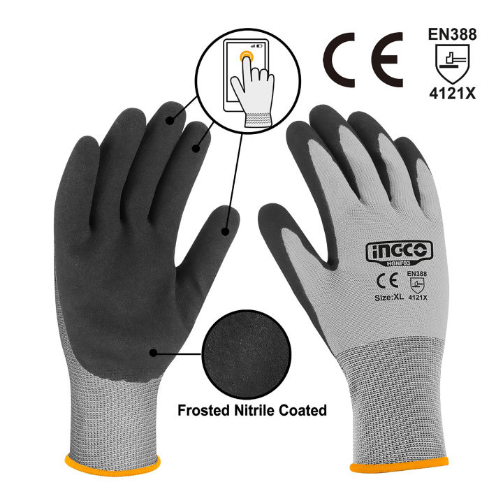 INGCO XL Touch Screen Frosted Coated Nitrile Safety Gloves HGNF0 SOLD ...