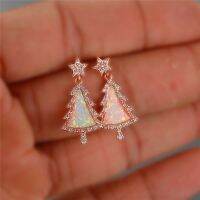 Fashion White Simulated Opal Silver/Rose Gold Christmas Tree Stud Stone Earrings Jewelry