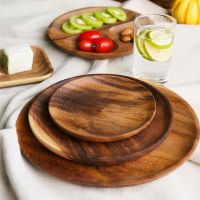 Round Solid Wood Plate Whole Acacia Wood Fruit Dishes Wooden Saucer Tea Tray Dessert Dinner Breakfast Plate Tableware Set