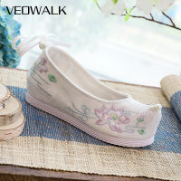 Veowalk สายรัดข้อเท้าผู้หญิงผ้าใบ H Anfu รองเท้าจีนปักสุภาพสตรี C Omfort เครื่องแต่งกายแพลตฟอร์มแบนจมูกนิ้วเท้าเต้นรำ Ballerinas