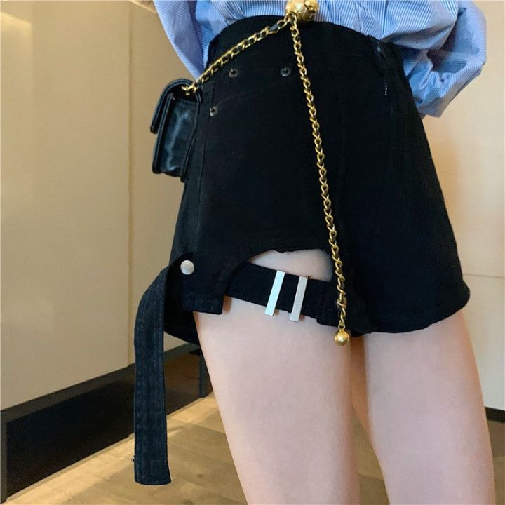 กางเกงขาสั้นผ้ายีนส์เอวสูงหญิงฤดูร้อนสไตล์ใหม่ขนาดใหญ่ไขมัน-mm-หลุมทั้งหมดตรงกับหลวมและบางขากว้าง-a-line-ร้อนกางเกง