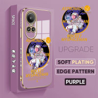 เคส PMP สำหรับ OPPO Reno10 Pro 5G ฟรีสายคล้อง + การ์ตูนนักบินอวกาศขอบสี่เหลี่ยมเคลือบเคสโทรศัพท์หรูหราชุบเคสโทรศัพท์นิ่ม