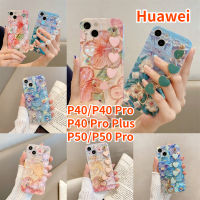 RTY เคสสายคล้องข้อมือสำหรับ Huawei P50 Huawei P50 Pro,Huawei P40 Huawei P40 Pro Huawei P40 Plus Crossbody เคสโทรศัพท์ Bluray น้ำมันภาพวาดดอกไม้เพชรเคสแบบนุ่ม