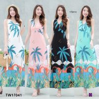 ME17041 Maxi dress คอวีลายต้นมะพร้าวสุดชิค ดีเทลตัดต่อช่วงใต้อก สายไขว้ด้านหลัง ผ่าด้านข้าง 1 ข้าง มีซิปซ่อนด้านข้าง มีซับใน งานสวย เป๊ะปัง