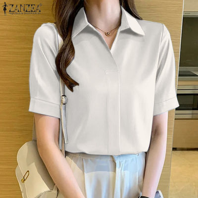 ZANZEA Korean Style Womens Short Sleeve V Neck Shirts Solid OL Office Business Loose Blouse Tops Tee #10