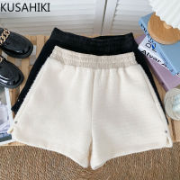 KUSAHIKI Elastic High Waist Thick Faux Mink Cashmere Wide Leg Shorts Women 2021 Autumn Winter Bottoms Causal Short Femme 6N828