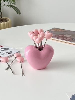 [Durable and practical] MUJI Not Tired Girl Heart Pink Love Fruit Fork Set Fruit Sign Stainless Steel Home Cake Small Fork Home