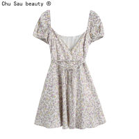 Summer New Sexy Sweet Silk Satin Texture V-Neck Printed Puff Sleeve Dress A-Line Short Vestido Chic Women Fashion