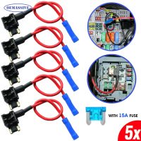 OEMASSIVE 5 Pack Car Add-A-Circuit Piggy Back Fuse Tap Adapter 16AWG 15A Low Profile Mini Fuse Blade Holder Small Fuse Extractor