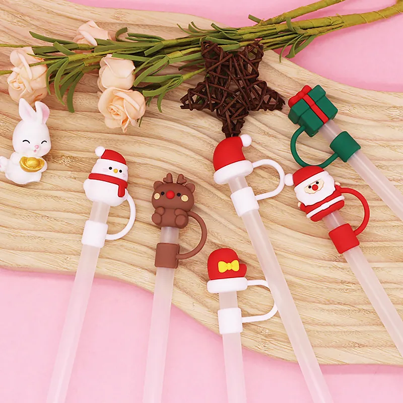 Cute Straw Dust Cap Dust Plug Detachable Doll Cute Straw Dust Cover Glass  Stainless Steel Straw Cover Christmas New Year Theme