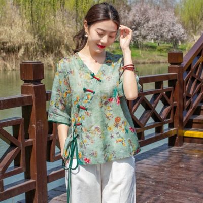 【 Stock】Vintage ฝ้ายลินิน Sablon Bunga V คอเสื้อสไตล์จีนแบบดั้งเดิมหญิง Hanfu เสื้อแห่งชาติผู้หญิงเสื้อผู้หญิงชุดจีน
