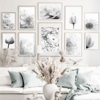 Nordic สีดำและสีขาว Peony ดอกไม้โปสเตอร์ Lotus Flower Wall Art สำหรับ Modern Home Decor