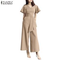 ZANZEA Women Formal Solid V Neck Short Sleeve Playsuit Wide Leg Jumpsuit