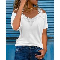 V-Neck Lace Short Sleeved T-shirt 2023 Summer Women Clothing Casual Shirt Tees Y2K Crop Clothes Elegant Female Pullover Topso