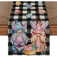 【cw】 Spring Buffalo Plaid Bunny Gnomes Eggs Easter Linen Table Runner Wedding Decoration Washable Dining Table Runner Party Decor ！