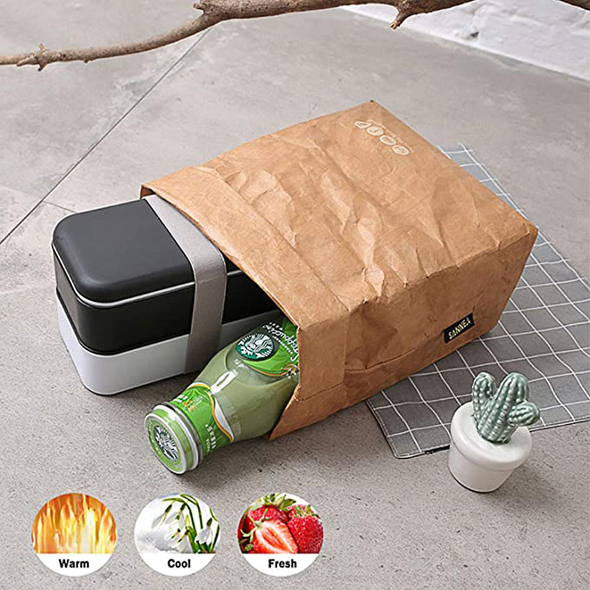Lunch Food Bag Foldable Kraft Paper Container Portable Thermal Cooler Insulated