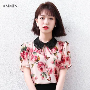 Women's Lace Beaded Shirt 2023 Summer New Korean Fashion Design Short  Sleeve Chiffon Tops Slim Temperament Sweet Ladies Blouse