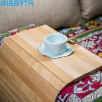 JINSERTA Natural Wood Sofa Tray Table Wheel Folding Sofa Armrest Tray Bamboo Slip Coaster Insulation Pad