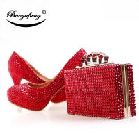 ♗☈∈ BaoYaFang New Red crystal Womens wedding shoes with matching bags Luxury High platform shoes woman party dress shoe and purse