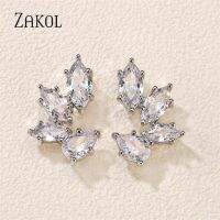 ต่างหูแต่งงาน Zakol Leaf Zircon สำหรับผู้หญิงสีขาวทองประดับคริสตัลเครื่องประดับต่างหูเจ้าสาว