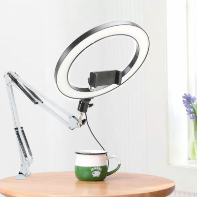 LED Ring Light Selfie Lamp Dimmable With White Long Arm Holder Stand For Video Live Stream Photo Studio Photography Lighting Kit