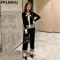 【DT】hot！ Bow Tie Knitted Piece Set 2022 Korean Sleeve Cardigan Outfits And Capris Wide Leg Pants Suits