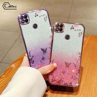 Callfire เคสโทรศัพท์ผงชิมเมอร์สำหรับ Xiaomi Redmi 9C 10A 10C แบบดอกไม้ผีเสื้อซิลิโคนหรูหราป้องกันการตกหล่นเปลือกนิ่ม