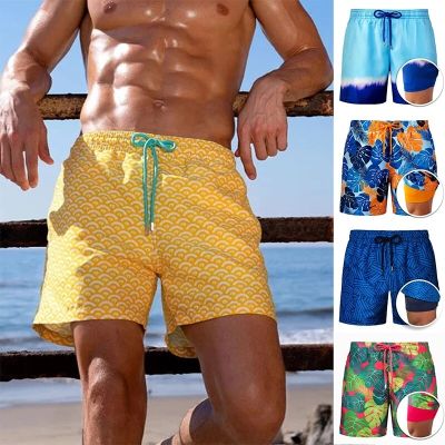 กางเกงขาสั้นสองชั้นพิมพ์ลายกางเกงกีฬากางเกงชายหาดสำหรับผู้ชาย,กางเกงขาสั้นลายดอกไม้ลำลองแห้งเร็วสำหรับผู้ชาย