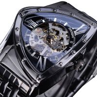 ZZOOI DUNCOUGAR Triangle Skeleton Black Automatic Watch Stainless Steel Men Business Sport Irregular Mechanical Wristwatch