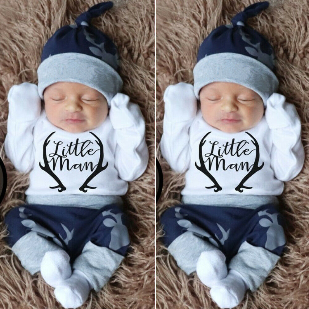 Newborn Baby Boy Clothes Outfits Long Sleeve Mommy'S Little Boy Print Romper + Long Pants + Hat 3pcs Outfits Set（0-12 Months 
