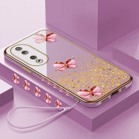 Volans เคสสำหรับ Honor 90 5G 90 Lite 5G ฟรีสายคล้องผีเสื้อสีชมพูลายขอบสี่เหลี่ยมเคสโทรศัพท์ชุบหรูหราเคสโทรศัพท์นิ่ม