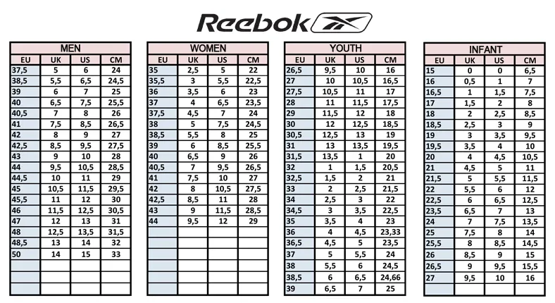 reebok childrens shoes size chart