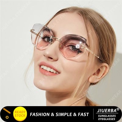 (JIUERBA)COD INS แฟชั่น Cat Eye แว่นตากันแดดสำหรับผู้หญิง Candy Color Frameless Shades